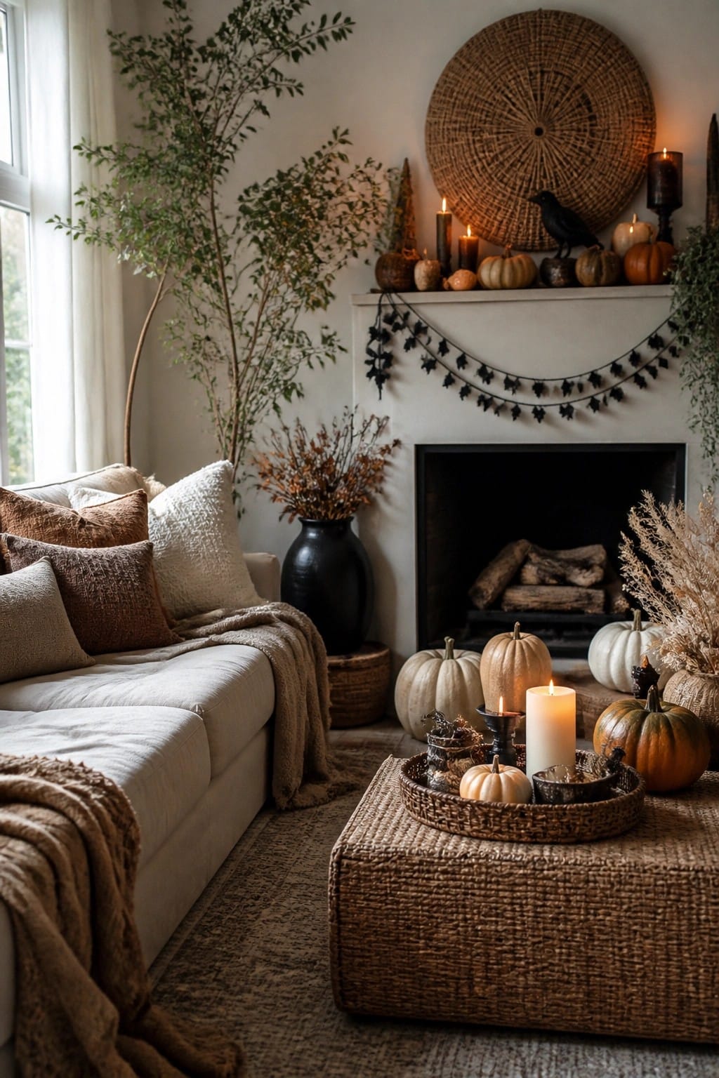 A white living room mantel styled with assorted pumpkins, lit candles, a black crow, and a black leaf garland above a dark fireplace.