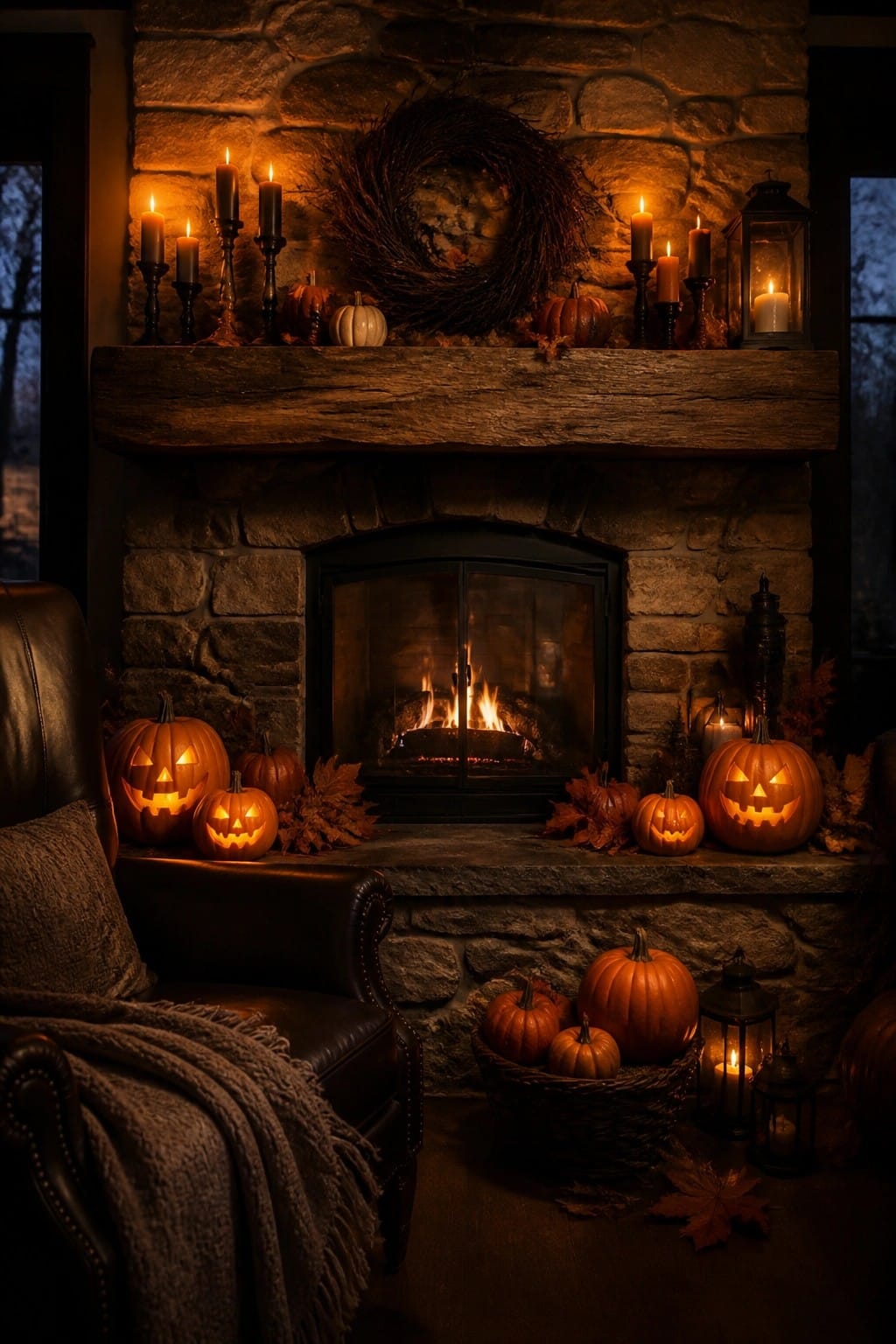 Stone fireplace with wooden mantel decorated with multiple carved jack-o'-lanterns, lit candles, and a wreath above a burning fire.