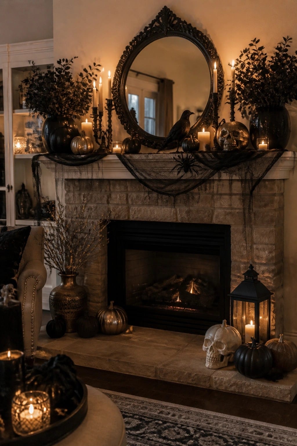 Stone fireplace mantel styled with skulls, a black bird, black pumpkins, candles, and spiderweb fabric for Halloween.