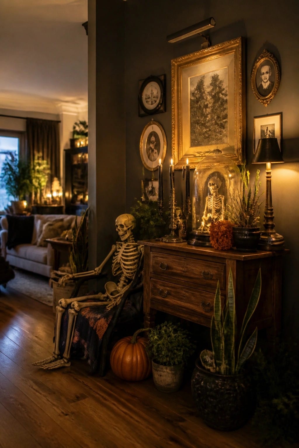 Dark entryway console table with a skeleton displayed under a glass cloche, black taper candles, and a second skeleton seated in a chair beside it.