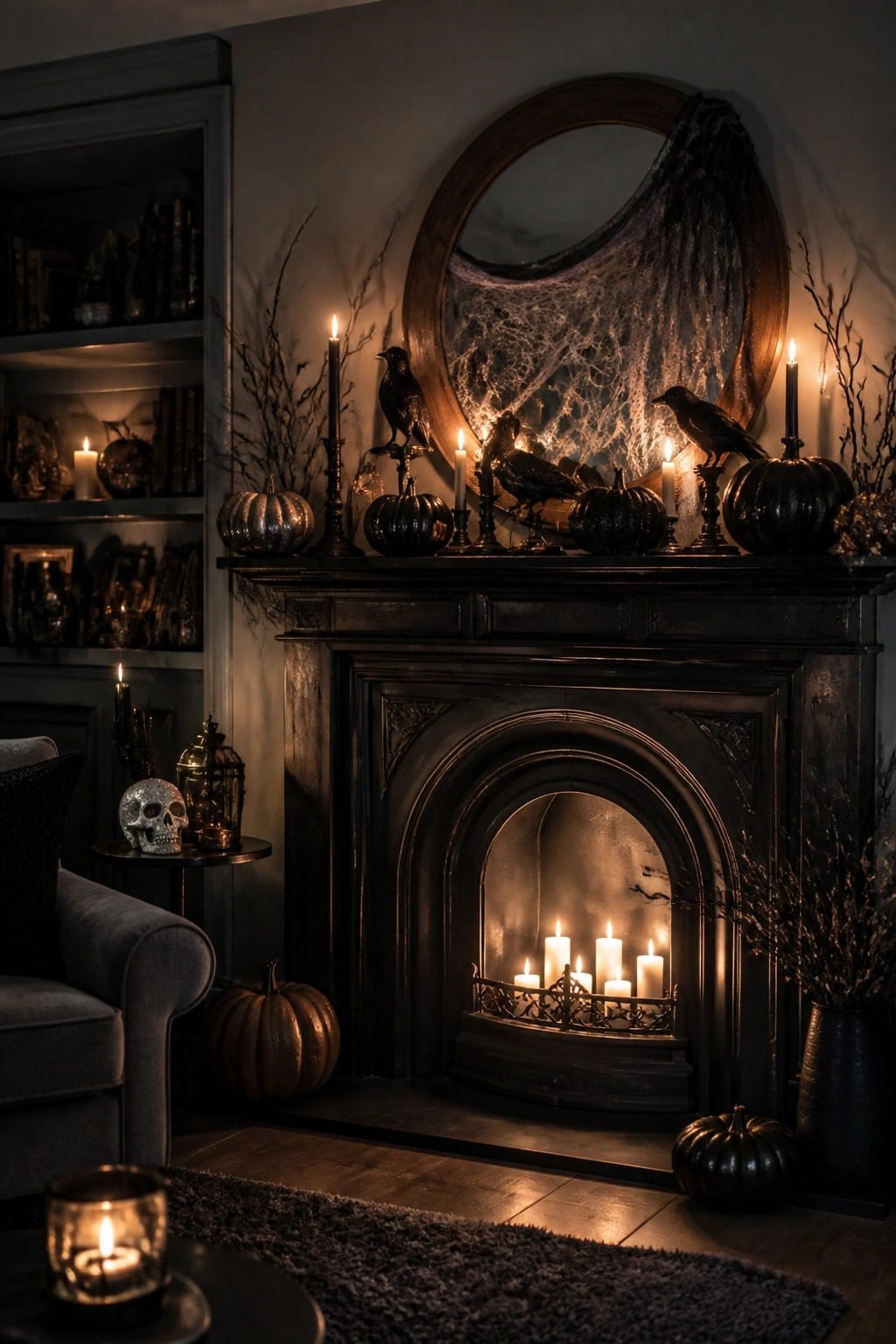 A dark fireplace mantel styled for Halloween with black crows, spiderwebs on a round mirror, black pumpkins, and multiple lit candles.