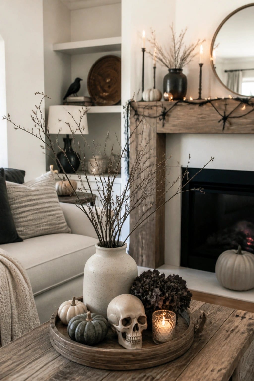 Rustic tray with skull, mini pumpkins, candle, and dried flowers by fireplace