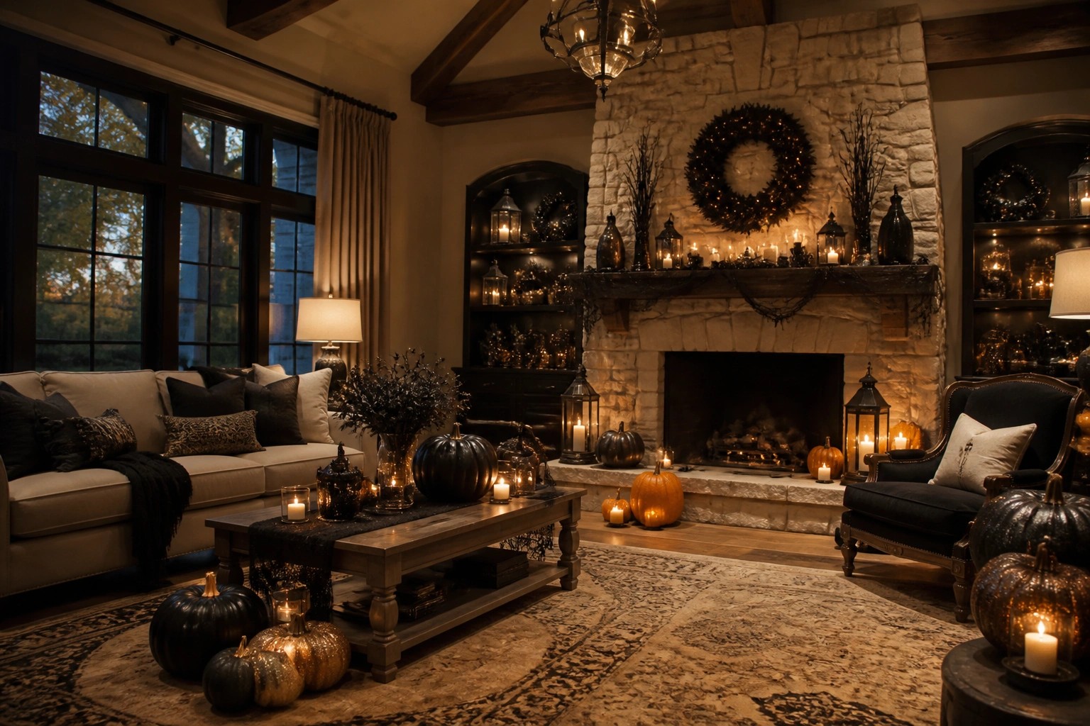 Cozy autumn living room with stone fireplace, lit lanterns, pumpkins, and wooden coffee table.