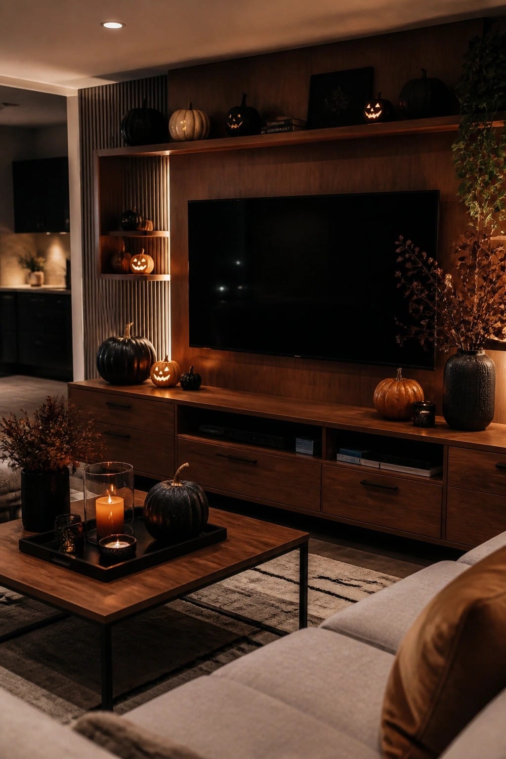 Living room media console decorated with multiple carved jack o lanterns in black, orange, and white tones arranged beneath a large television.