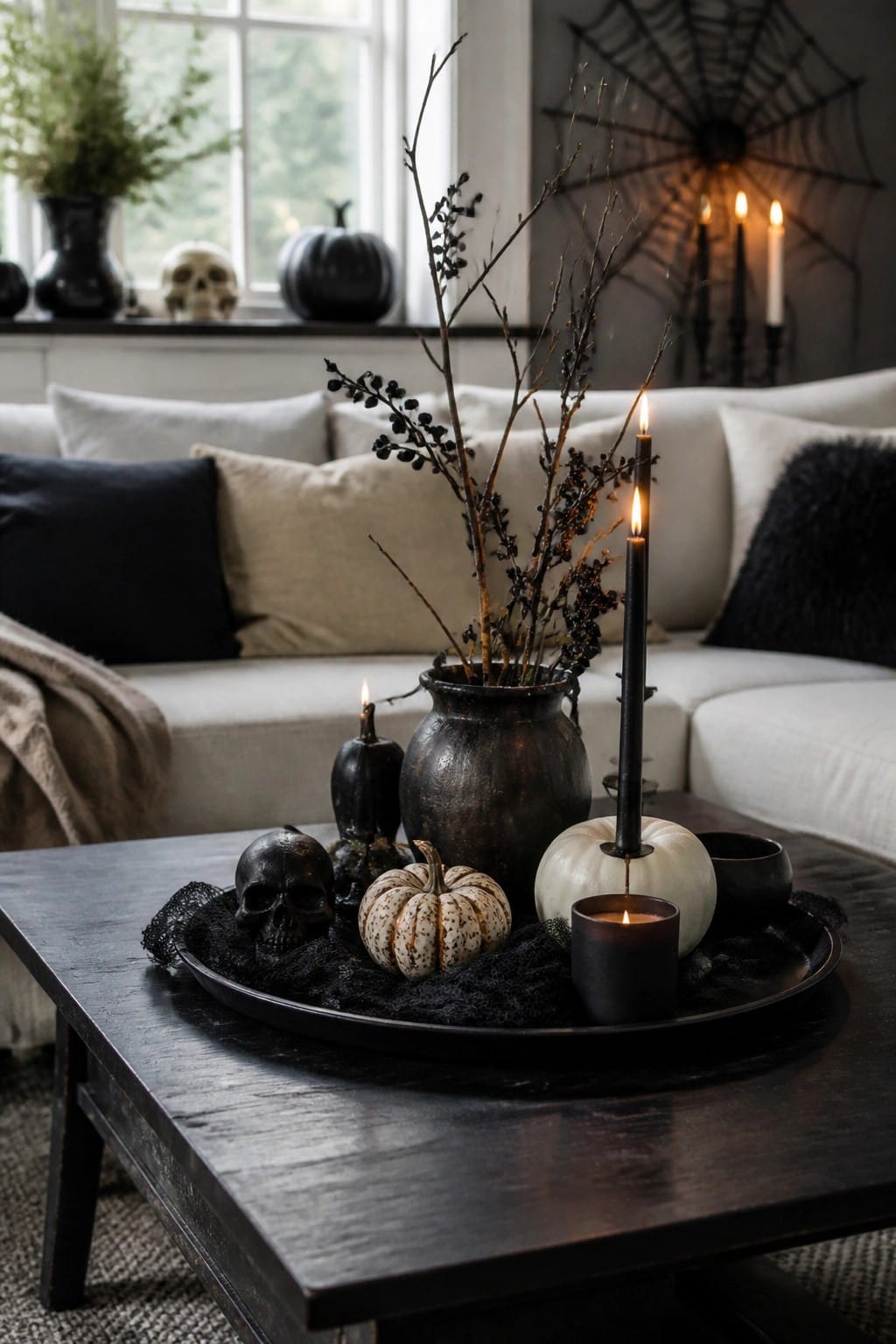 Coffee table tray with black branches in a dark vase, black candles, a skull, and small pumpkins arranged on black fabric.