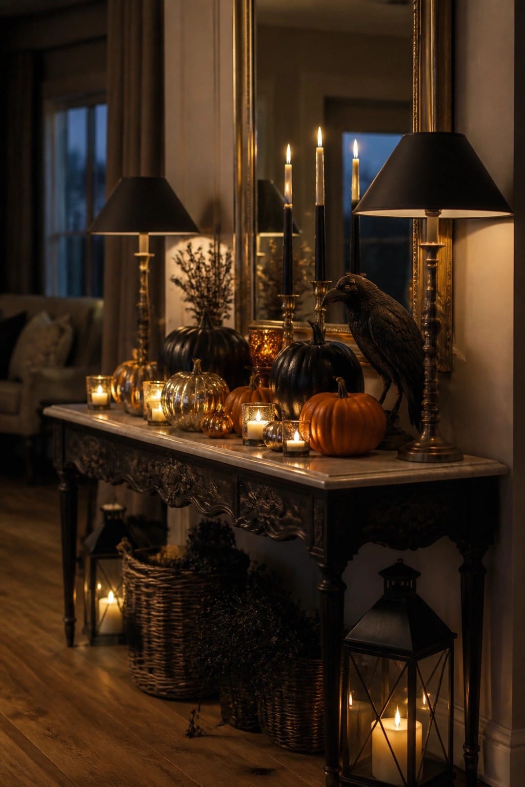 Ornate console table with black pumpkins, lit candles, lamps, and a raven statue