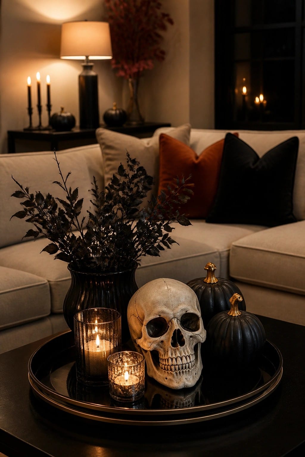 Coffee table tray with a skull, two lit candles, and black pumpkins in front of a light sofa.