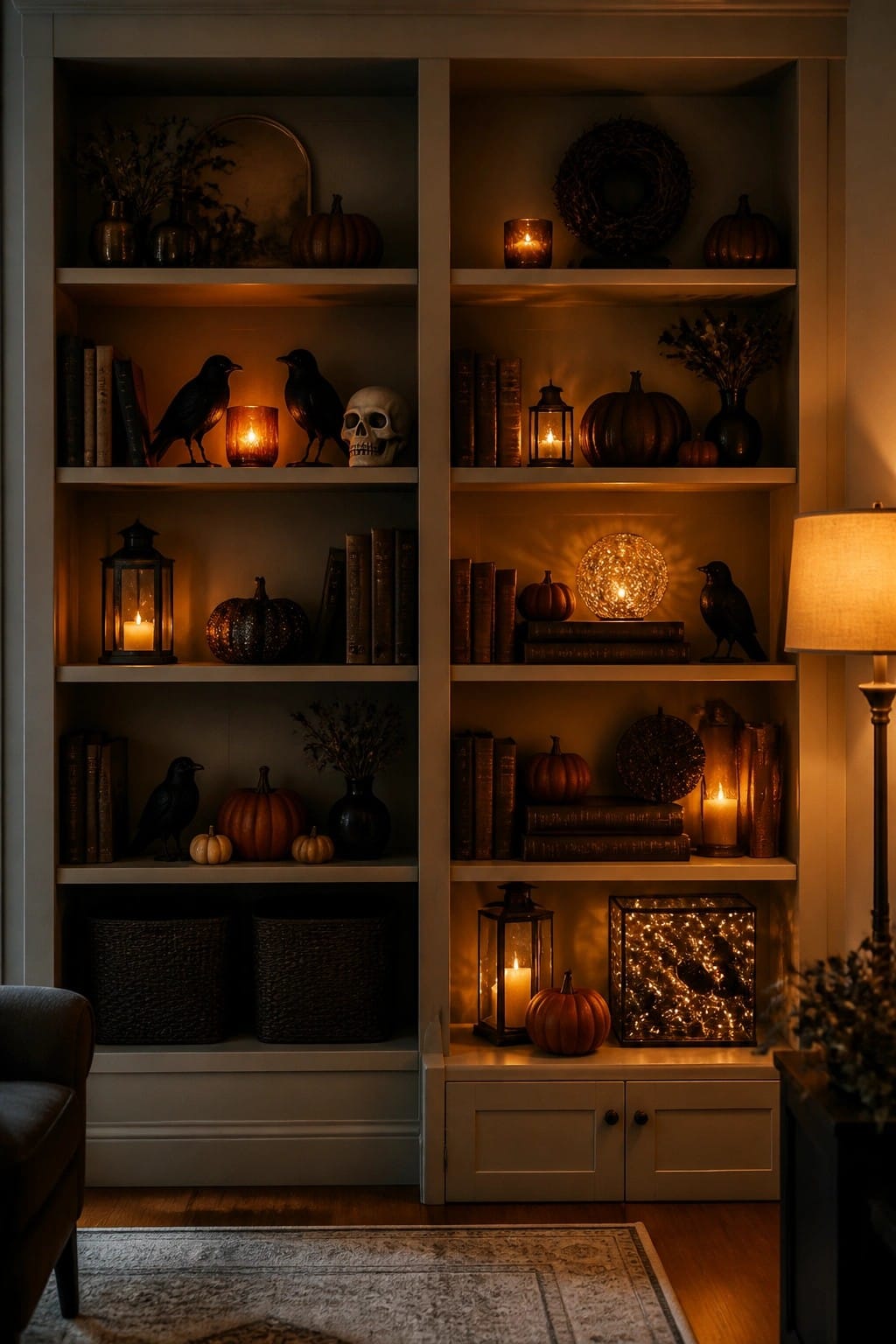 Built-in shelves styled with black crows, a skull, books, pumpkins, and lit lanterns for Halloween.