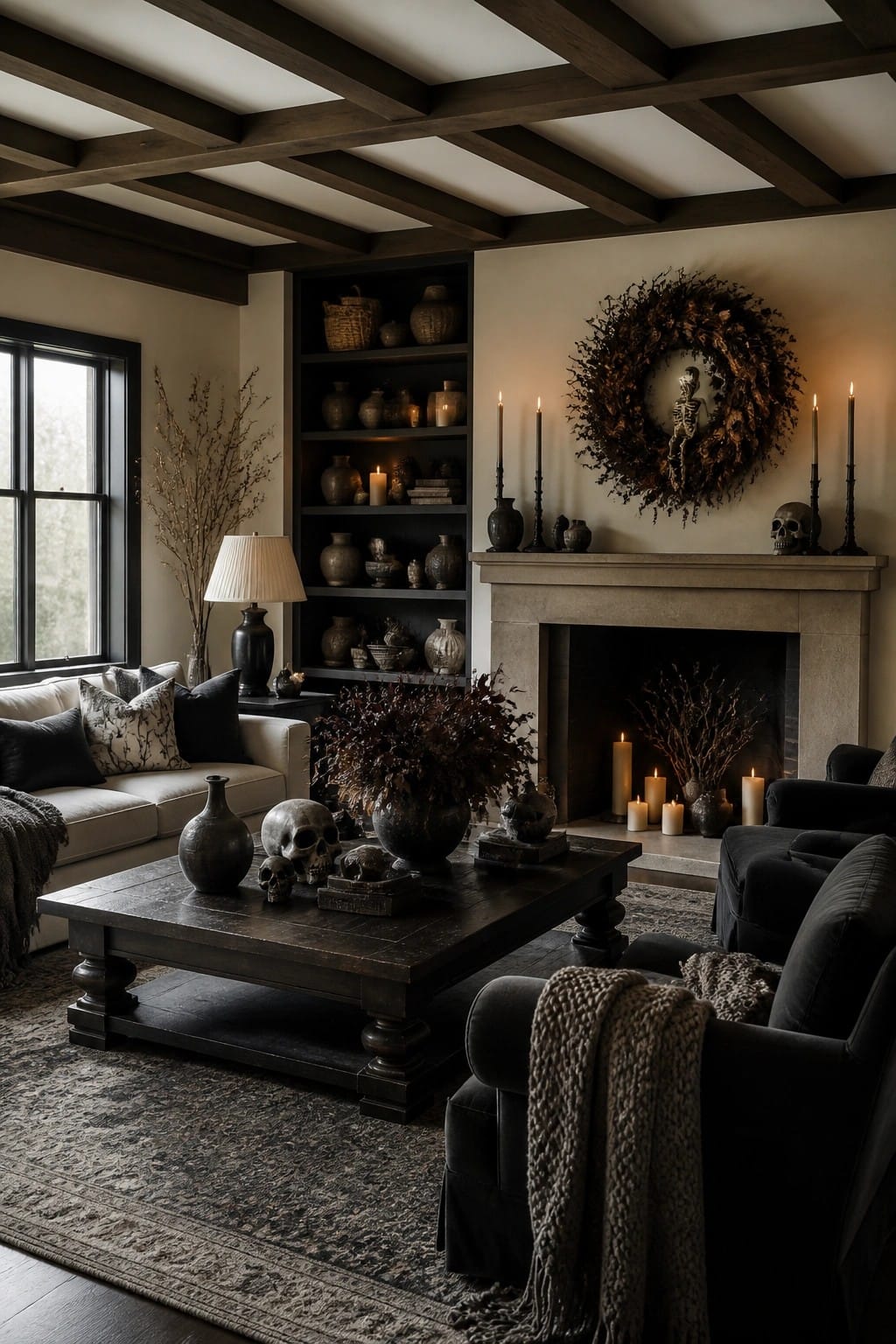 Dark gothic living room with skulls, candles, skeletal wreath, and velvet furniture