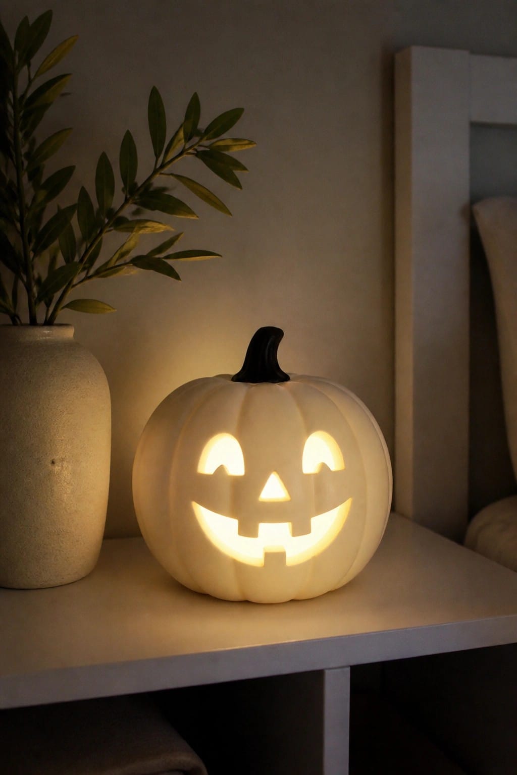 A white glowing jack-o'-lantern pumpkin sits on a light table beside a ceramic vase holding green branches.