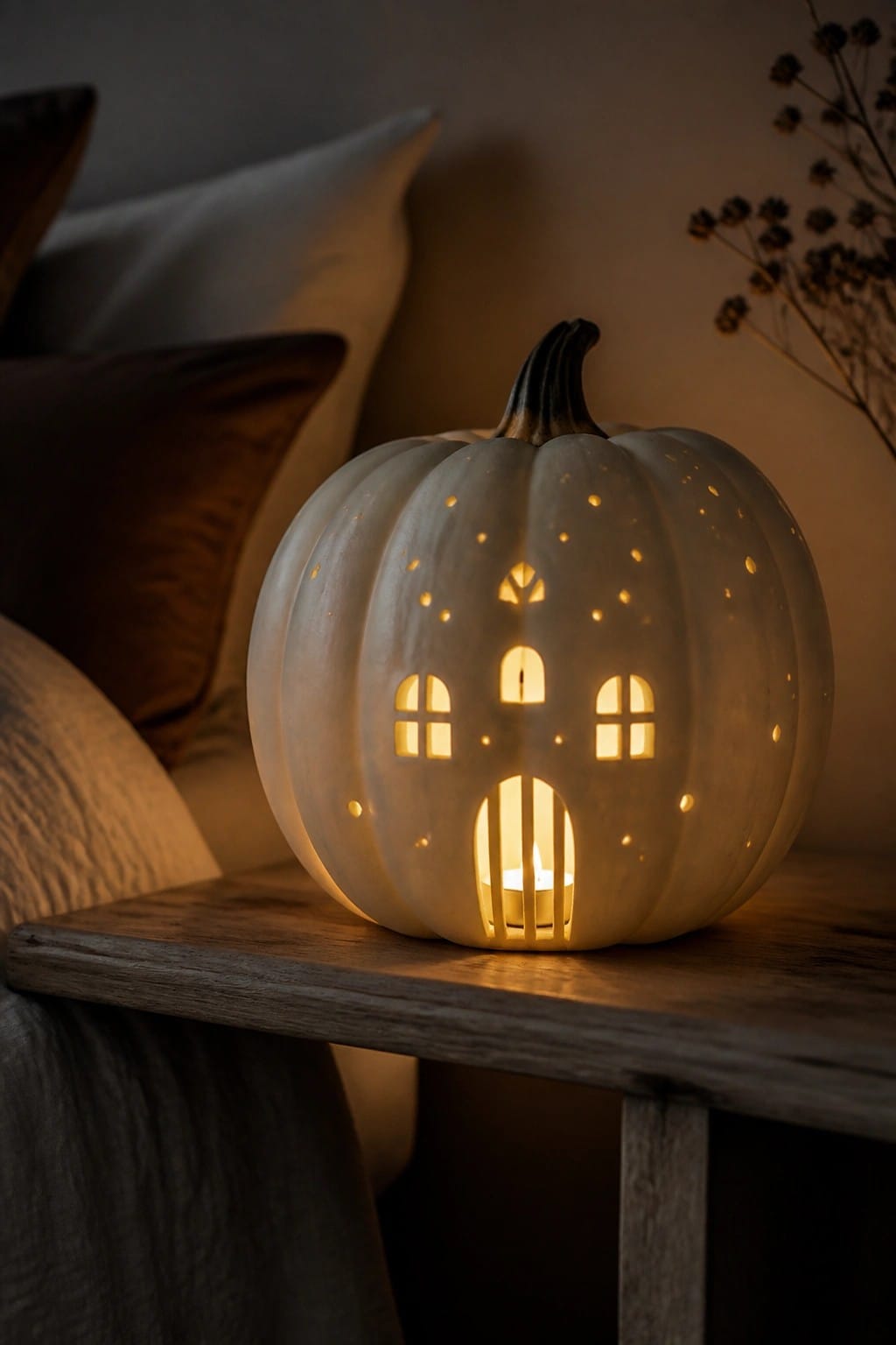 Glowing white pumpkin lantern with house windows and door carved on wooden table