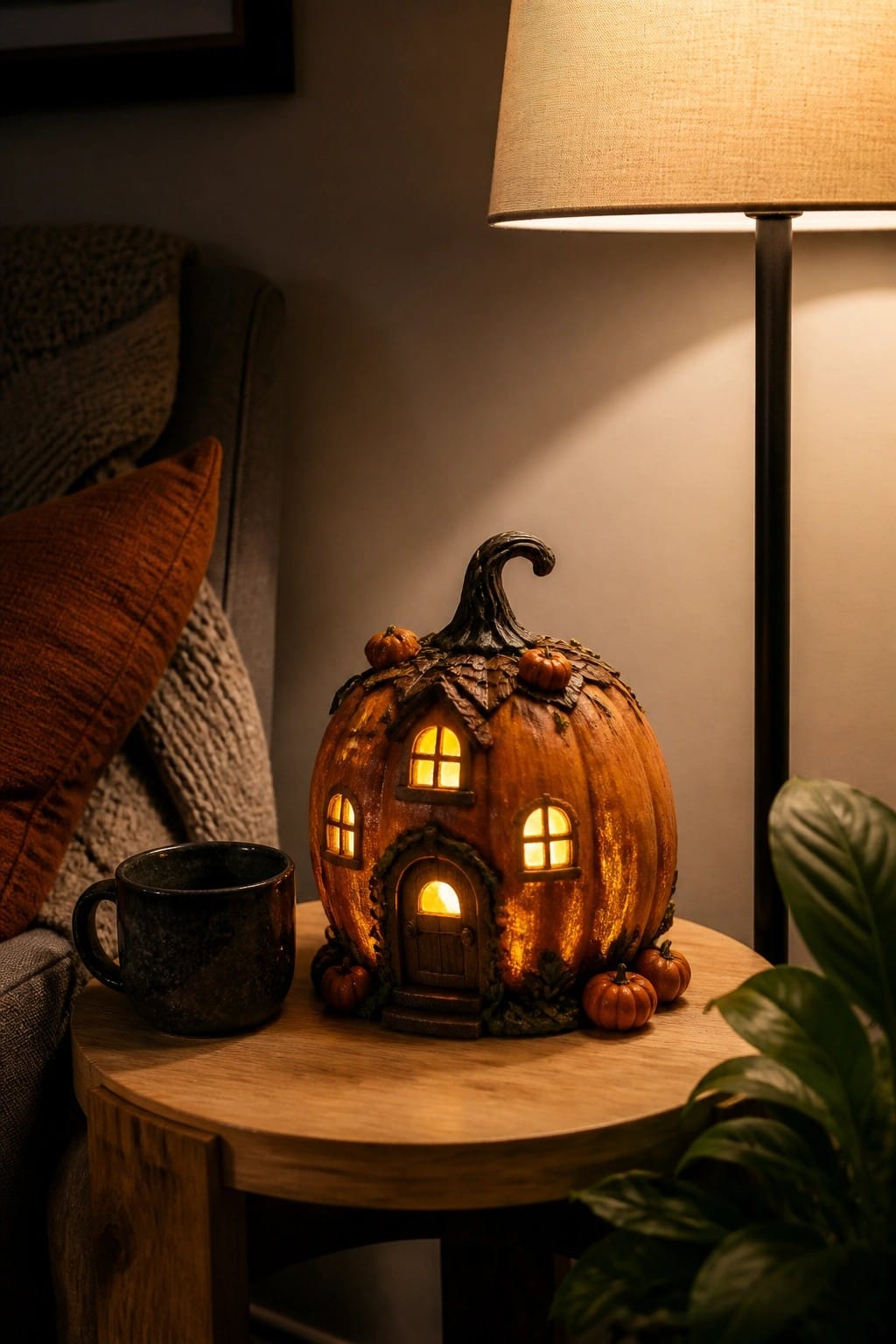 A carved pumpkin house with glowing windows and door sits on a wooden side table next to a black mug and floor lamp.