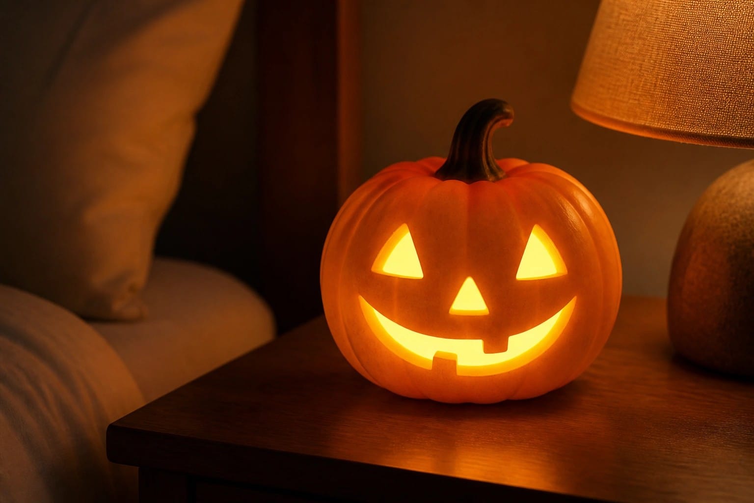 Glowing jack-o'-lantern on wooden nightstand beside wicker plant and bed pillows