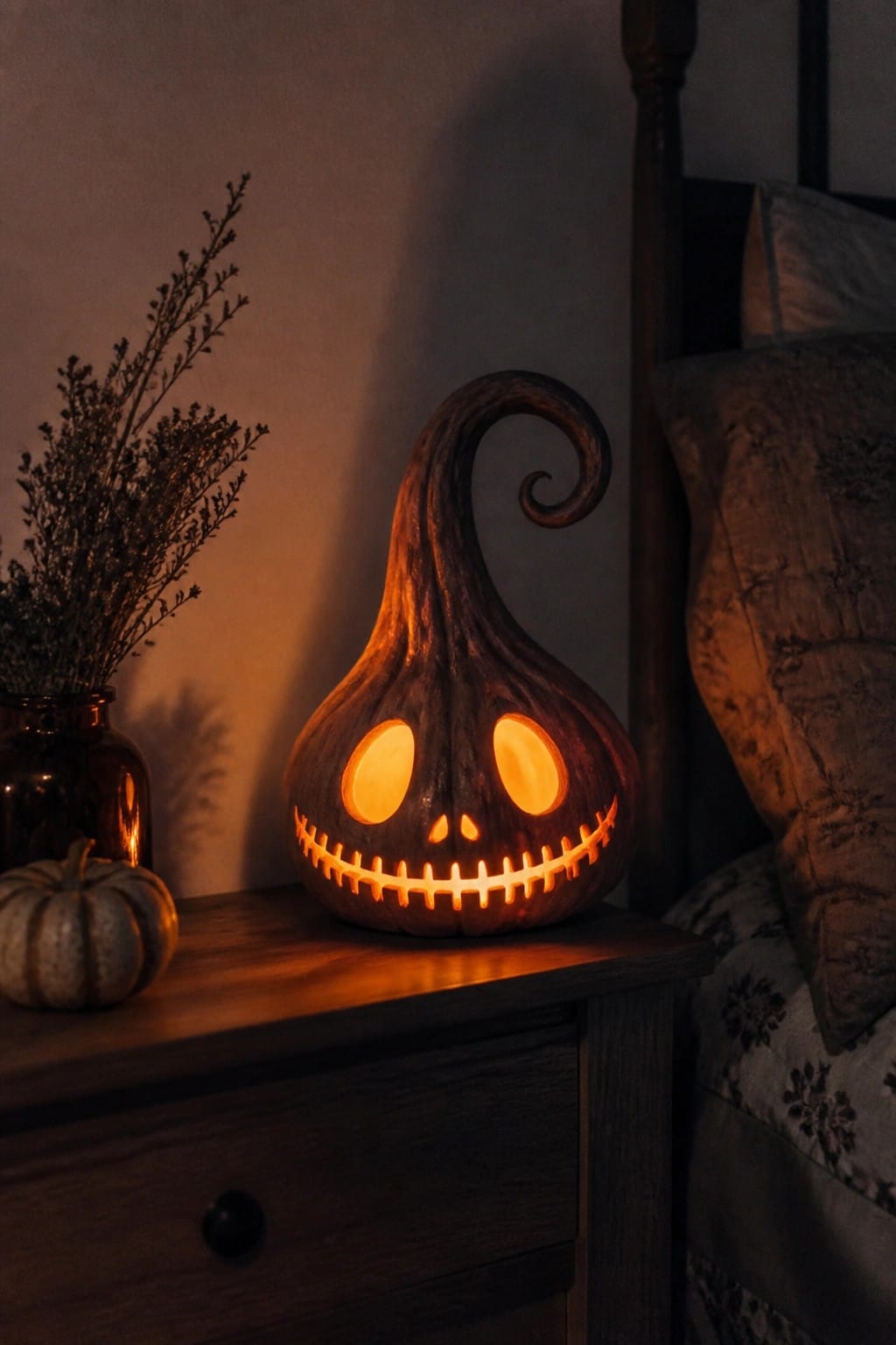 A tall carved jack o lantern with a curled stem and stitched smile glowing on a wooden nightstand next to a bed.