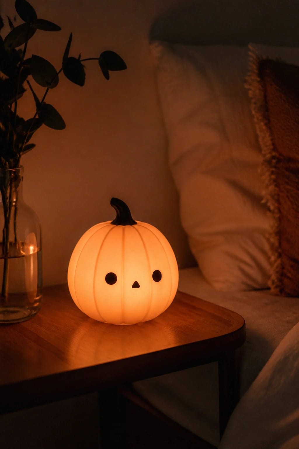 A glowing pumpkin night light with a cute face rests on a wooden bedside table beside a glass vase with branches.