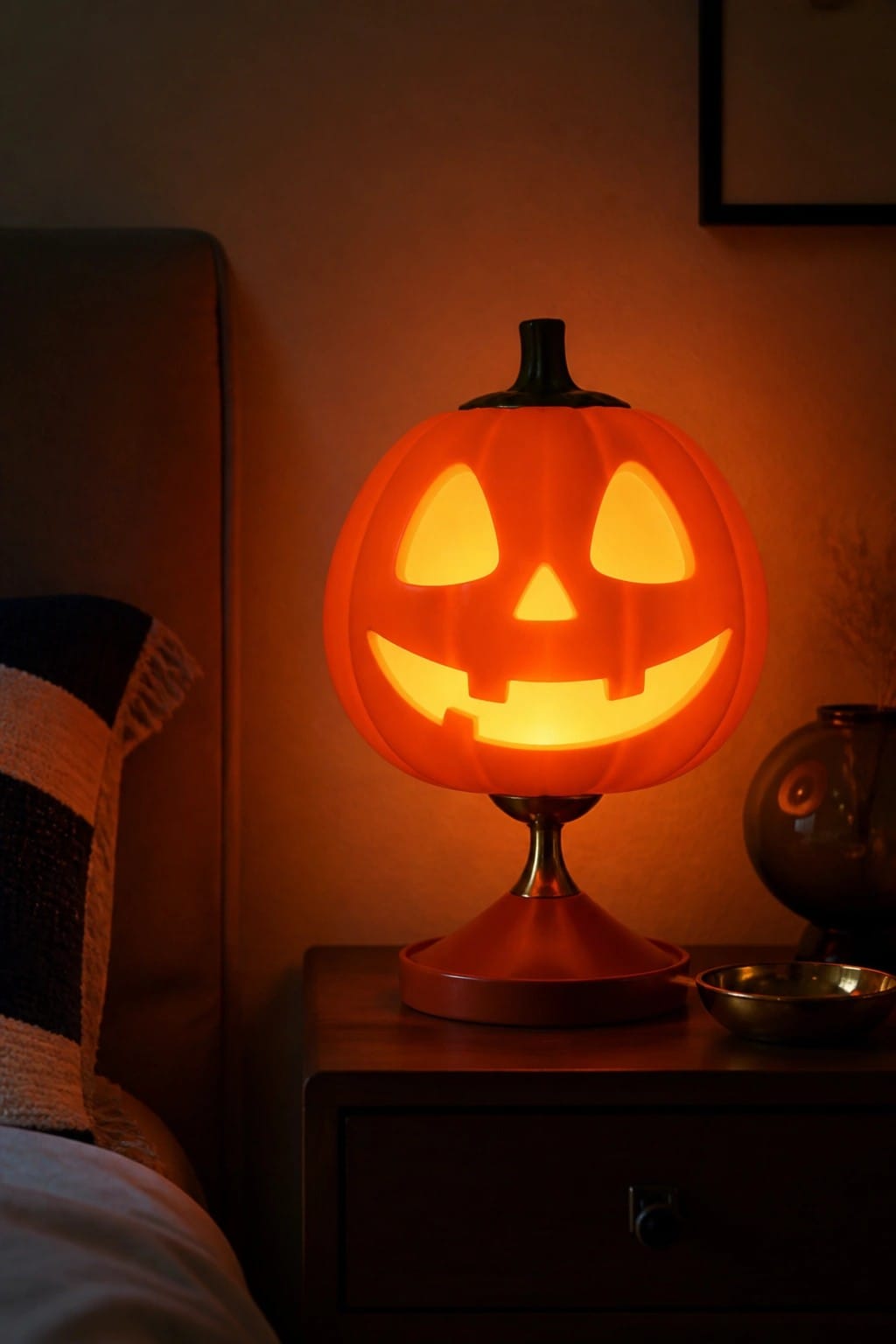Glowing jack o lantern pumpkin lamp on a wooden nightstand next to a bed in a bedroom.