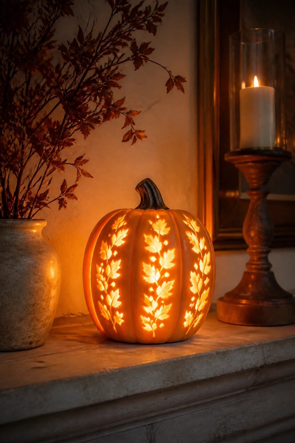 A carved pumpkin with leaf patterns glowing on a stone mantel beside a lit candle in a glass holder and a vase of dried branches.