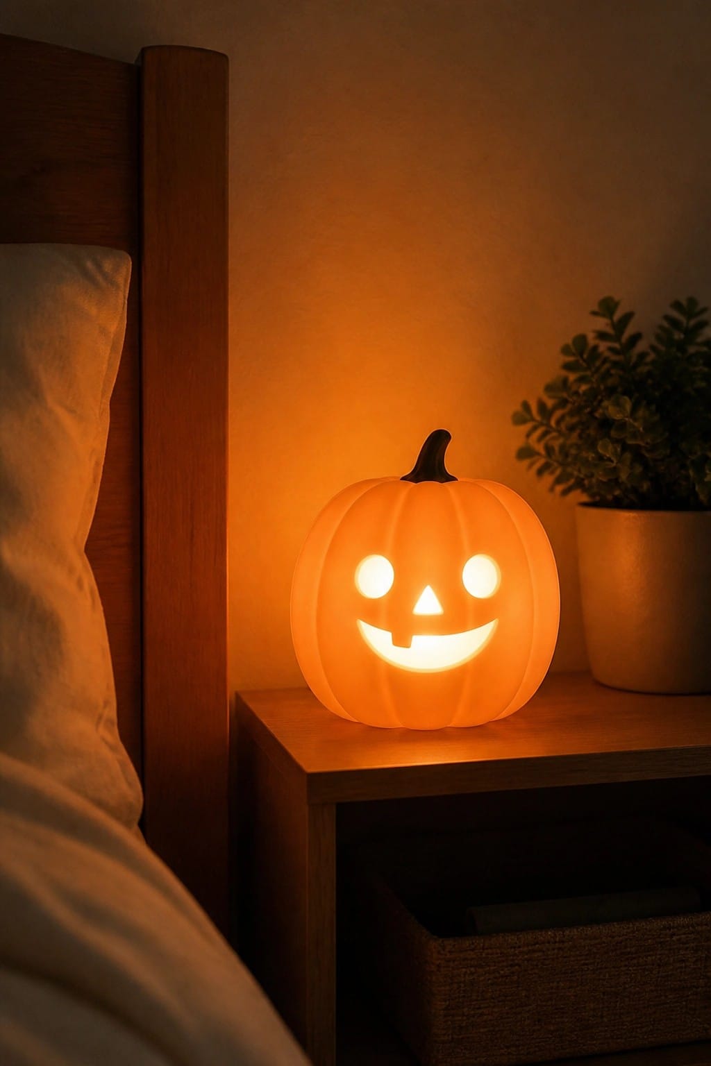 A glowing jack-o-lantern pumpkin night light with a smiling face sits on a wooden nightstand beside a bed.