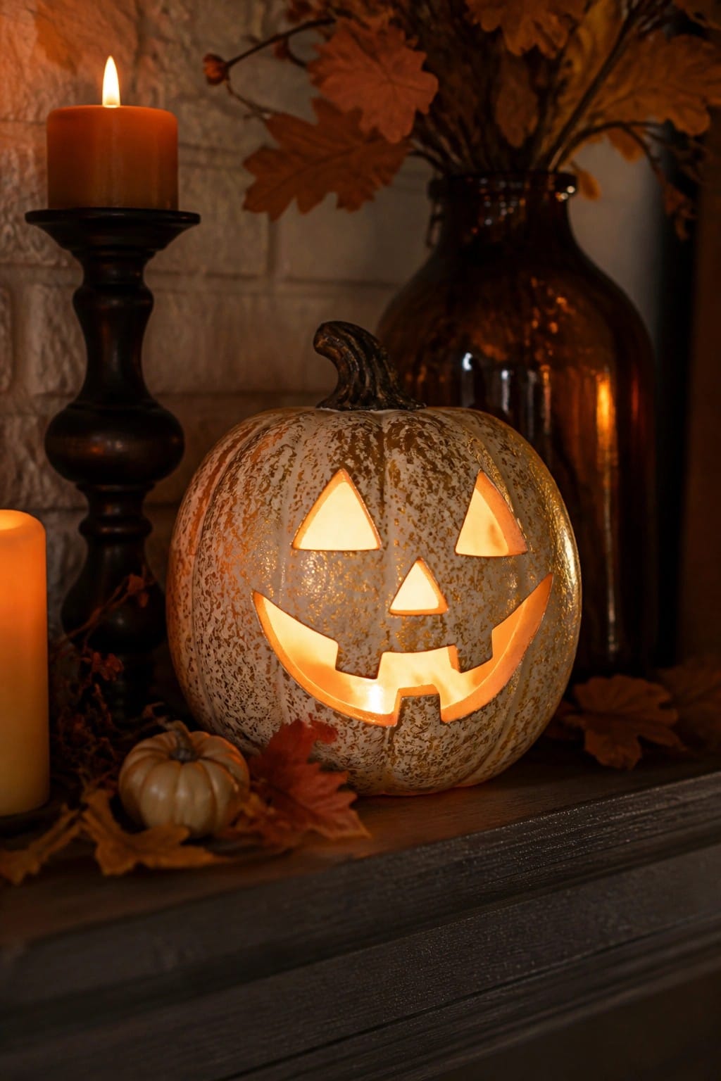 A carved white and gold pumpkin with a lit jack o lantern face sits on a dark wooden mantel beside a tall candle in a black holder and a brown glass vase filled with dried leaves.
