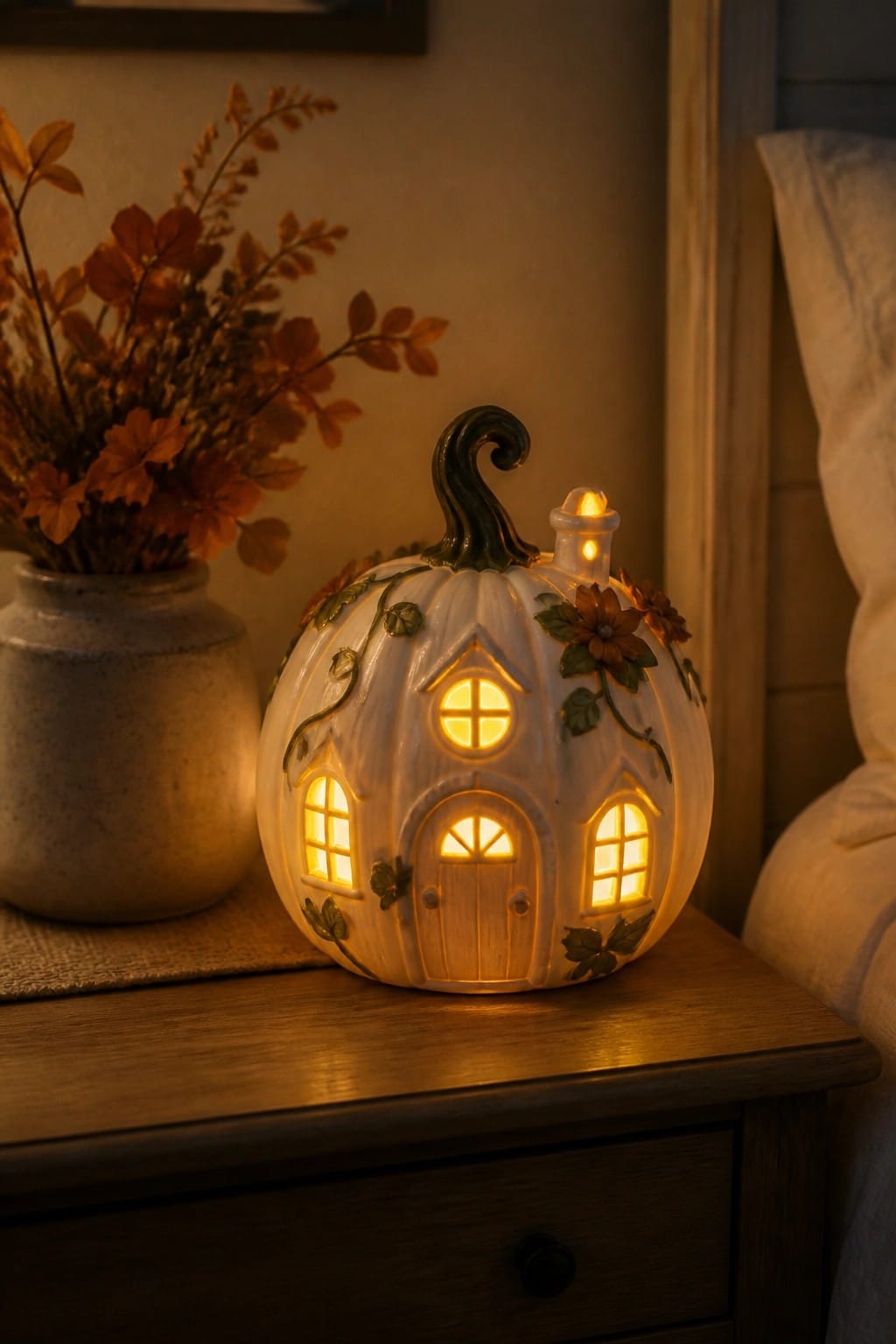 Ceramic pumpkin night light shaped like a small house with glowing windows and door, sitting on a wooden nightstand beside a vase of dried flowers.