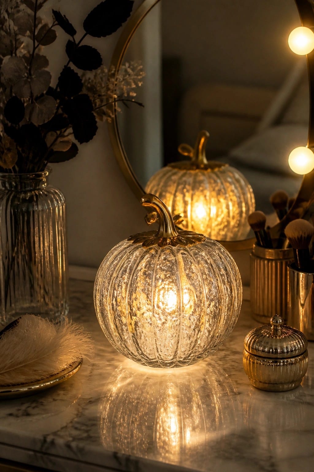 Two illuminated glass pumpkin night lights with gold stems sit on a marble vanity beside a vase and makeup brushes.