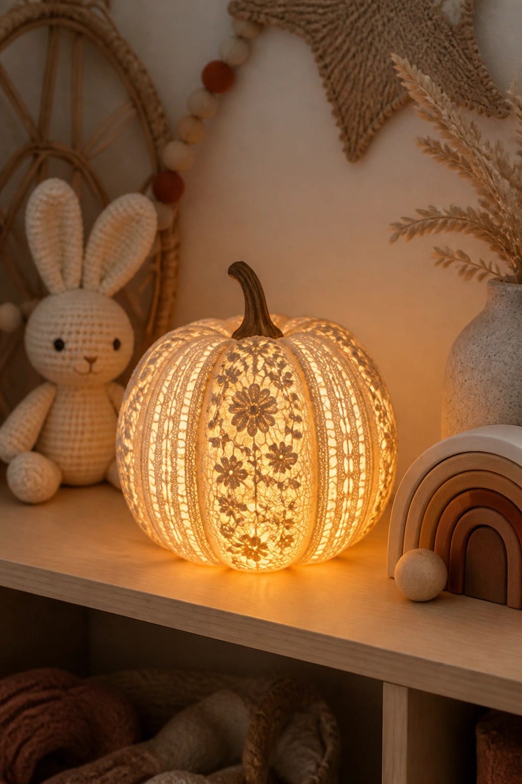 A glowing lace pumpkin night light rests on a wooden shelf beside a crocheted bunny and wooden rainbow toy.