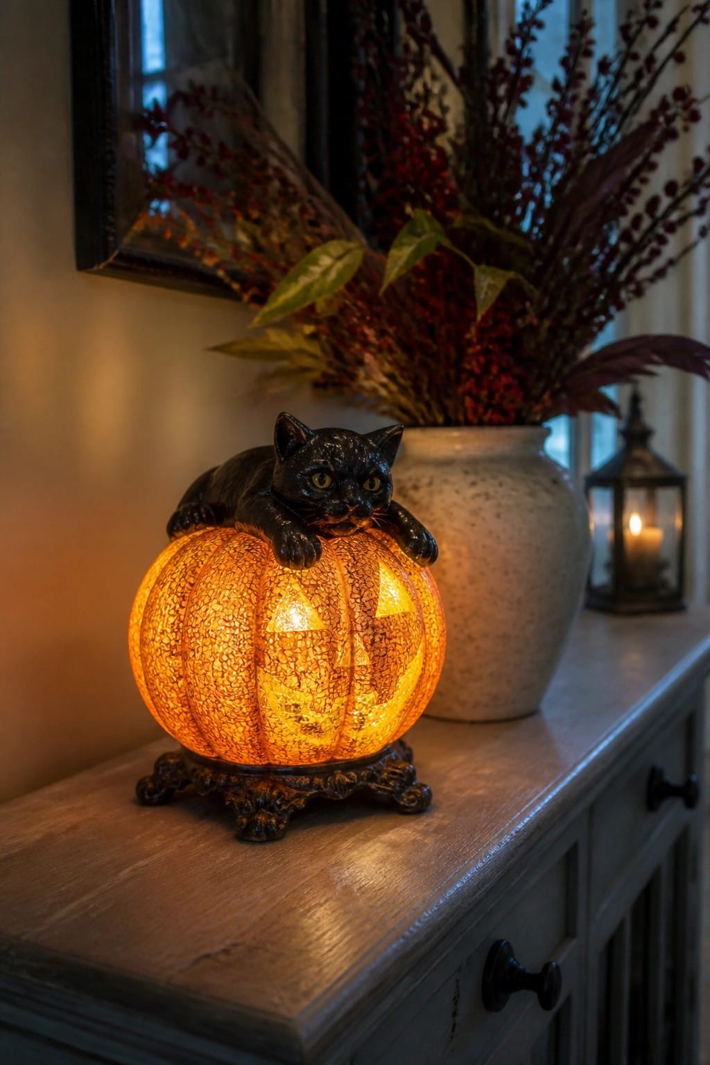 Glowing crackle-glass pumpkin lantern with black cat atop wooden console table