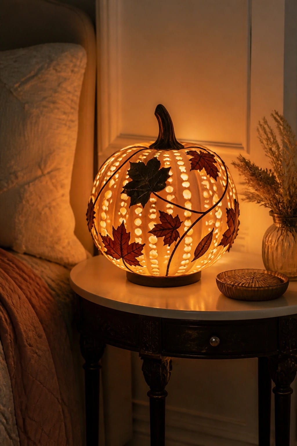 A glowing pumpkin night light with leaf cutouts sits on a small round table beside a bed.