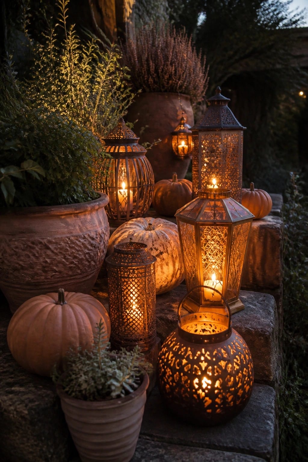 Stone steps lined with glowing metal lanterns of various shapes and sizes, surrounded by pumpkins and potted plants.
