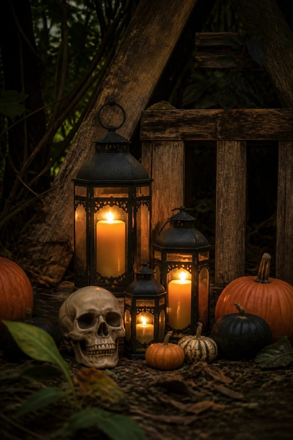 Black metal lanterns with lit candles grouped around a skull and small pumpkins on the ground beside a wooden structure.