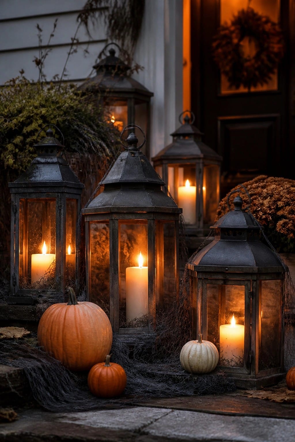 Front porch steps with several dark metal lanterns holding lit candles and a few orange and white pumpkins arranged around them.
