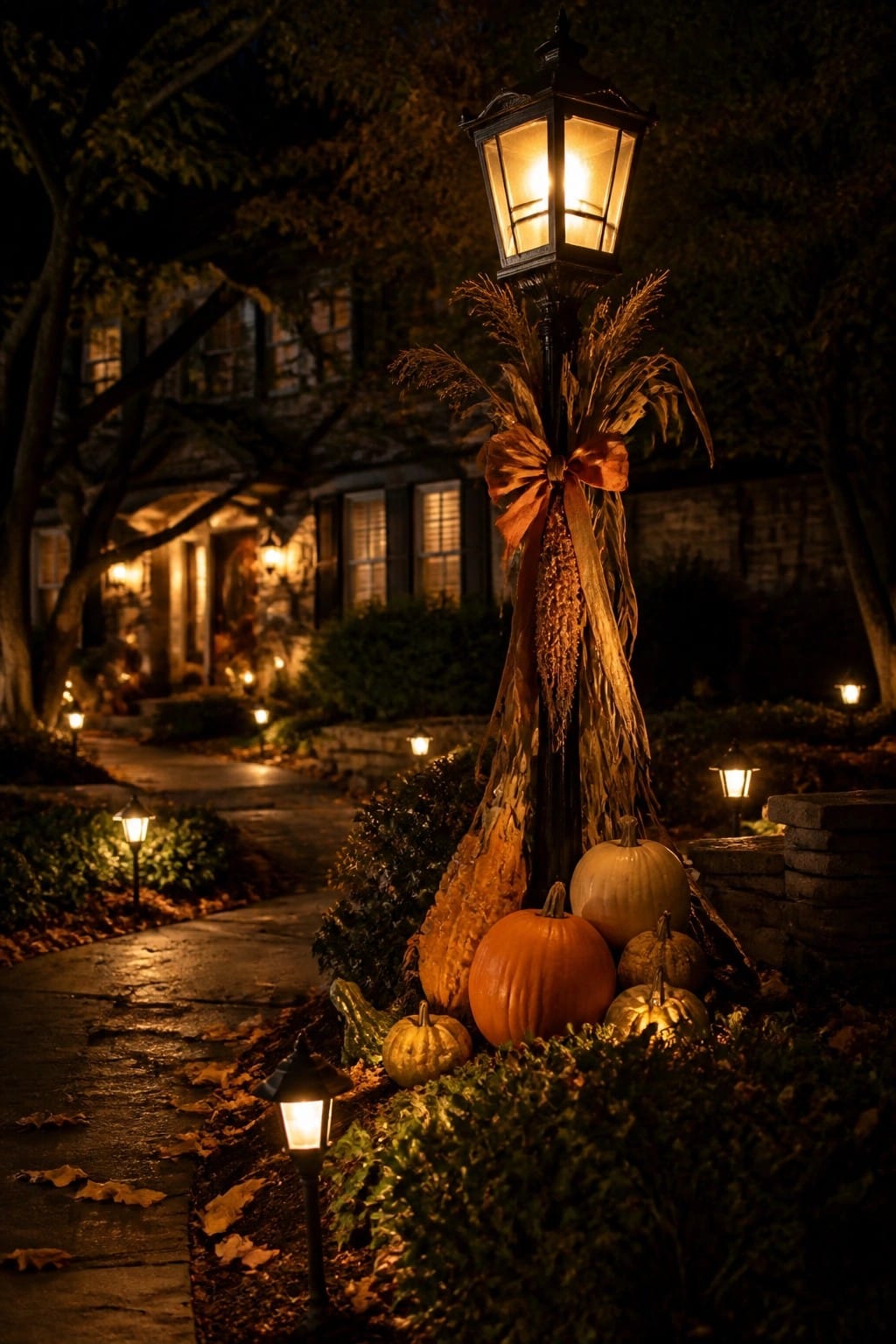 Tall black outdoor lantern on a post decorated with corn stalks and an orange bow, surrounded by white and orange pumpkins along a leaf-covered walkway at night.