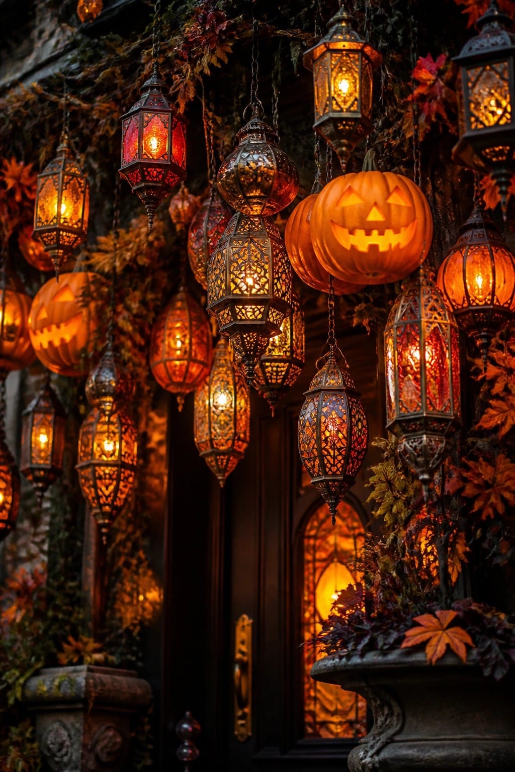 Glowing ornate lanterns and carved pumpkins hanging amid autumn leaves at night.