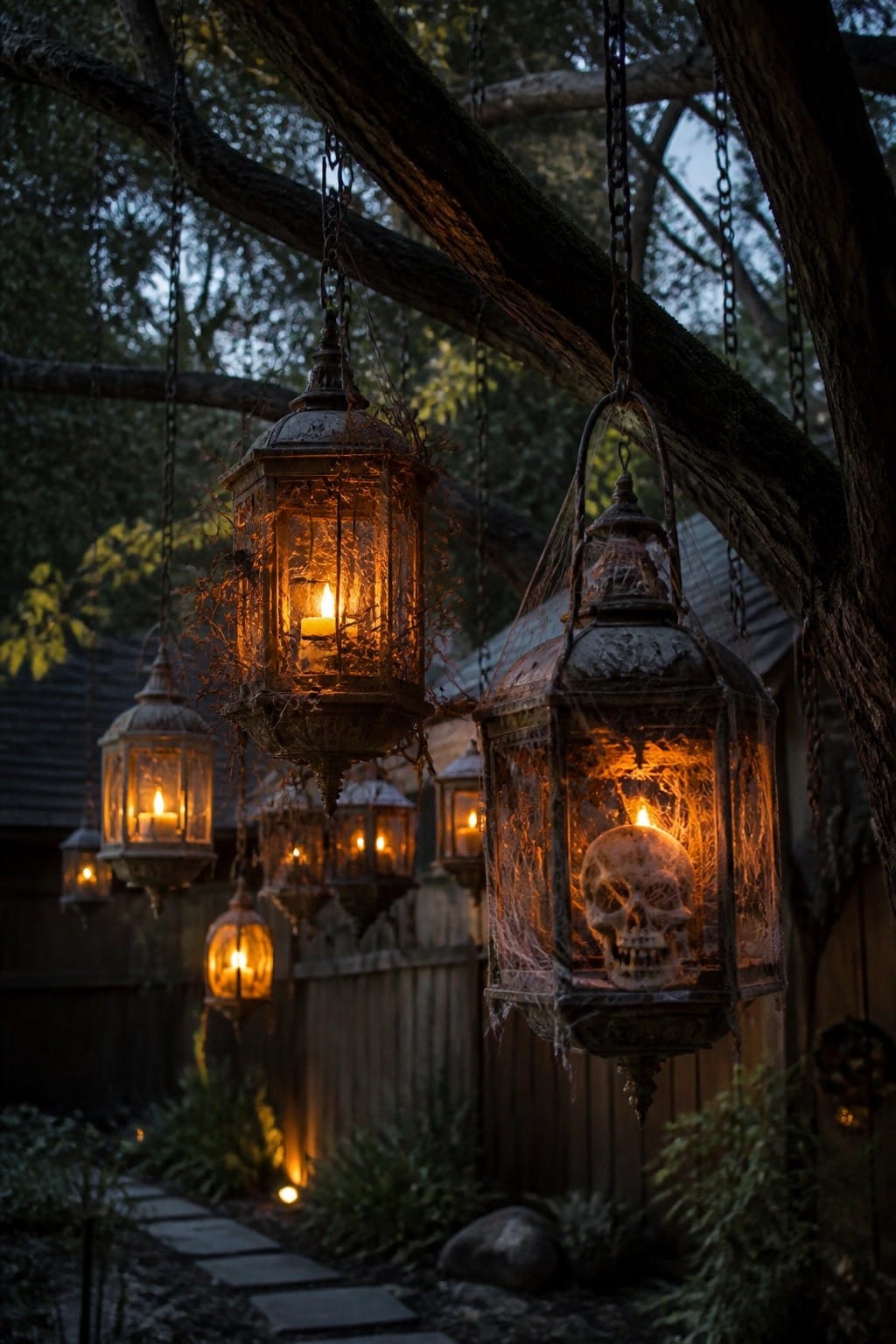 Several rusty lanterns hanging from tree branches at night, one in the foreground holding a skull wrapped in spiderwebs with a lit candle inside.