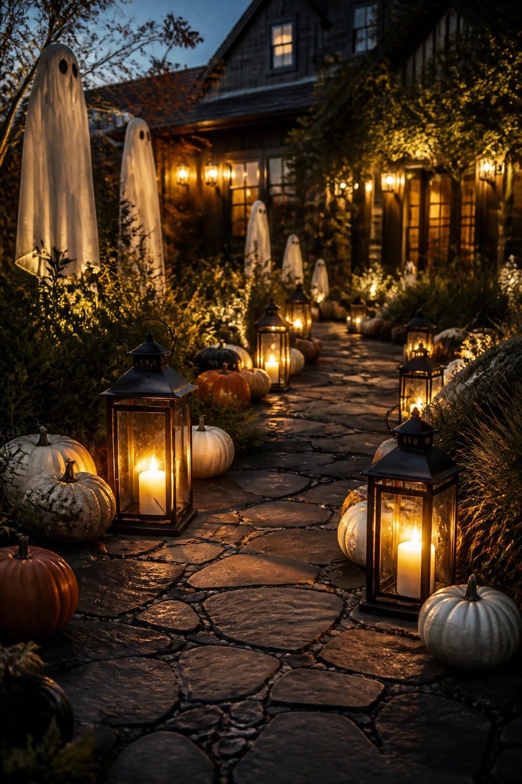 Stone walkway lined with black lanterns and white ghost figures at dusk, with pumpkins scattered along the edges.