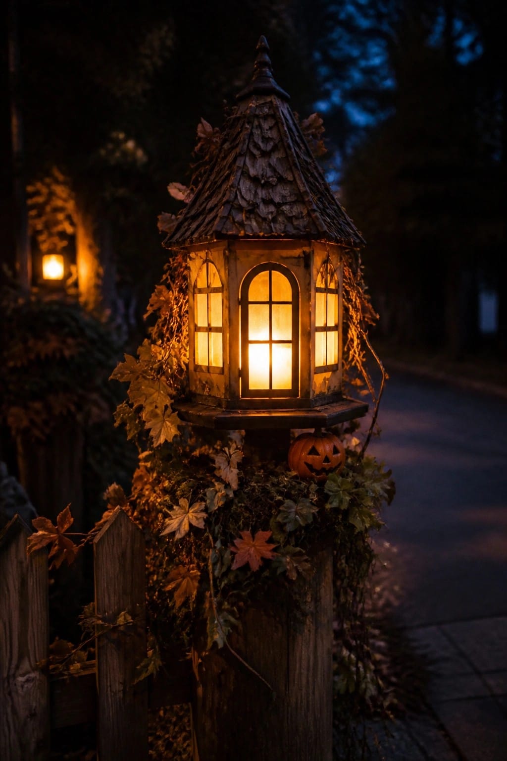 Glowing wooden lantern with autumn leaves and carved pumpkin on fence post at night