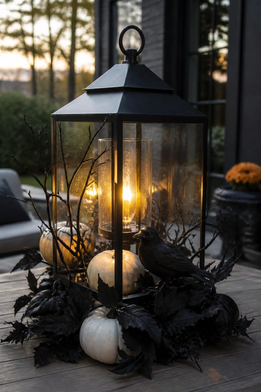 A glowing black lantern on a wooden outdoor table with a black crow perched beside it, surrounded by white and black pumpkins and dark branches.
