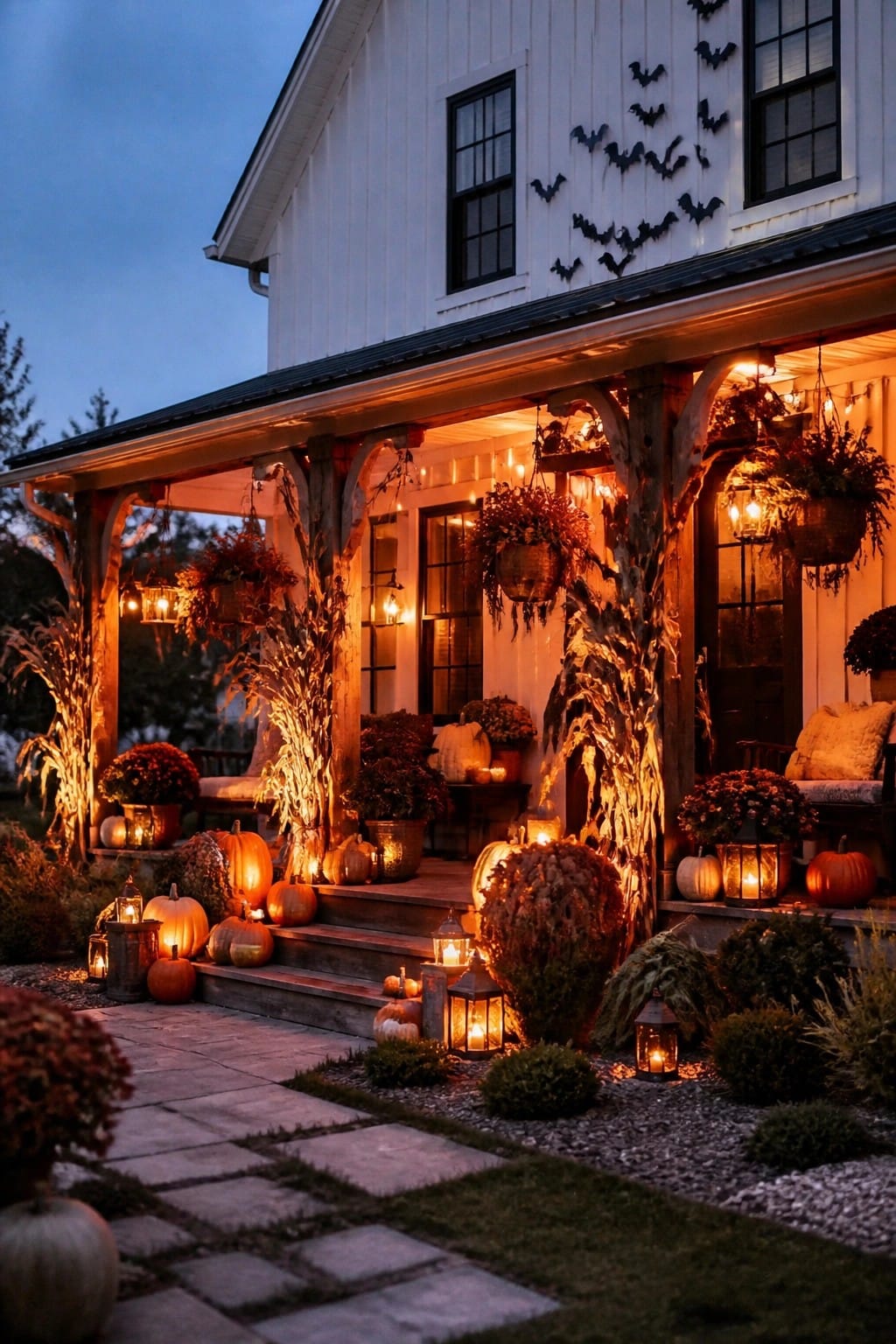 Farmhouse front porch with black bat decorations on the white siding, pumpkins, and lanterns on the steps and railings.