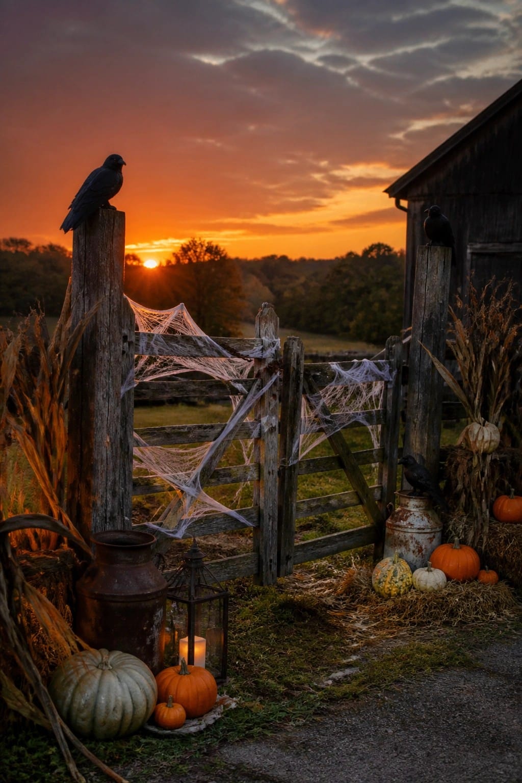Crows perch on wooden gate with spiderwebs, pumpkins, lantern at sunset.