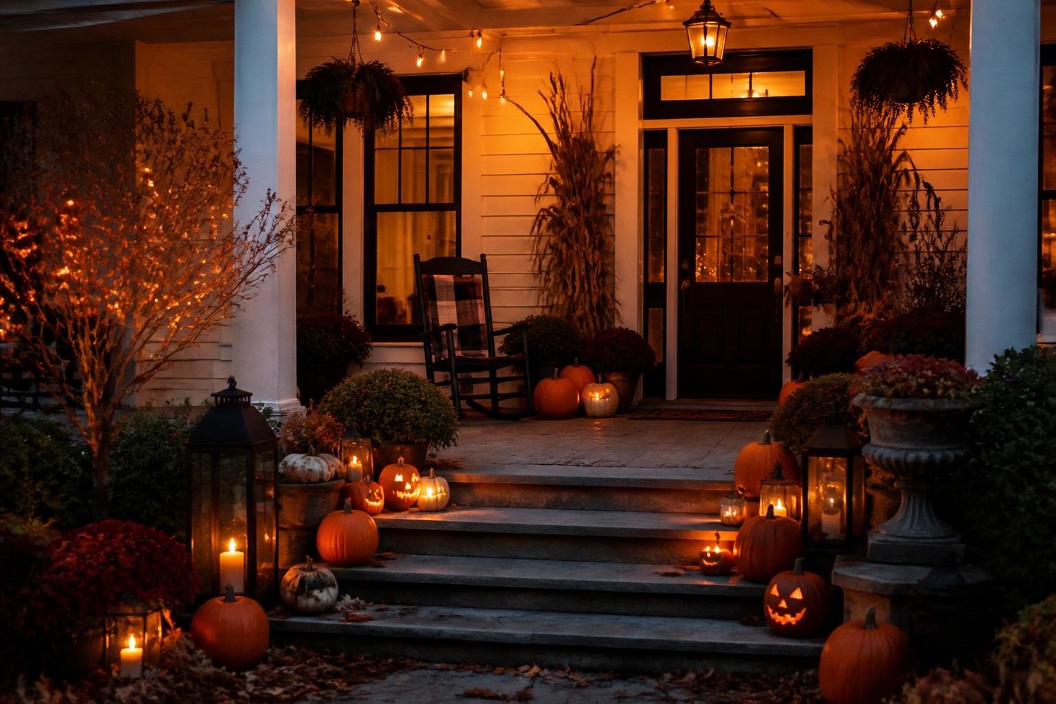 Front porch steps lined with orange and white pumpkins, black lanterns holding lit candles, and potted mums at dusk.