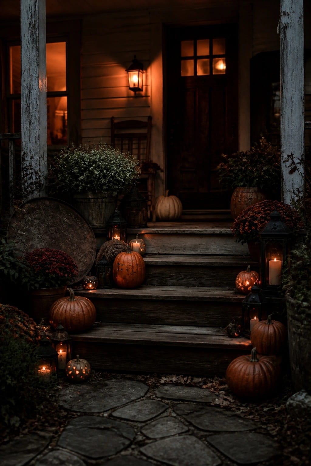 Wooden front porch steps lined with carved and lit jack o' lanterns next to black lanterns and potted plants.