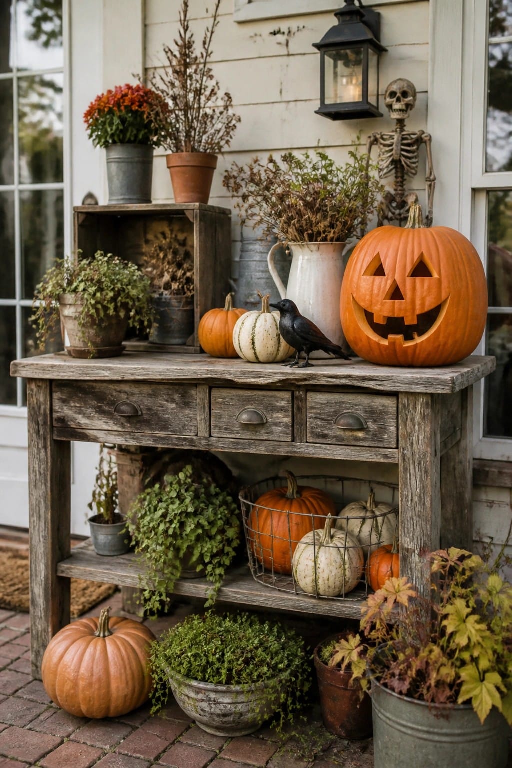 Rustic wooden table on a farmhouse porch holding a large carved jack-o'-lantern, smaller pumpkins, a black bird figurine, and potted plants with a skeleton figure in the background.
