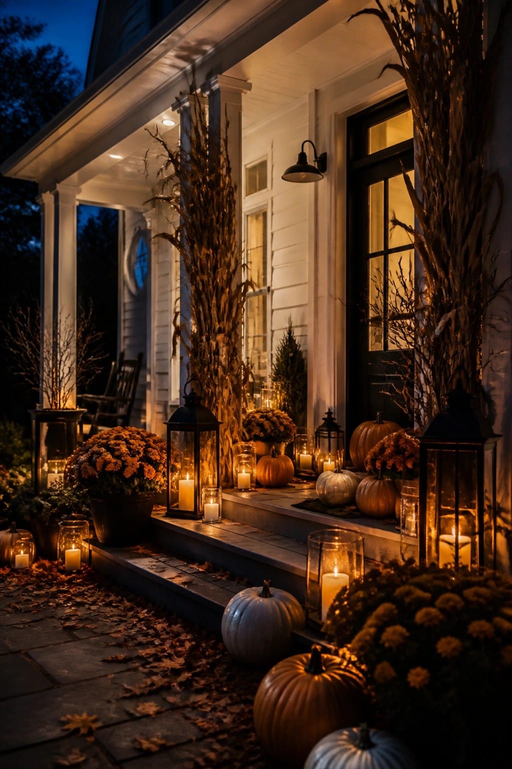 Front porch steps lined with orange and white pumpkins, black lanterns holding lit candles, and potted mums at dusk.
