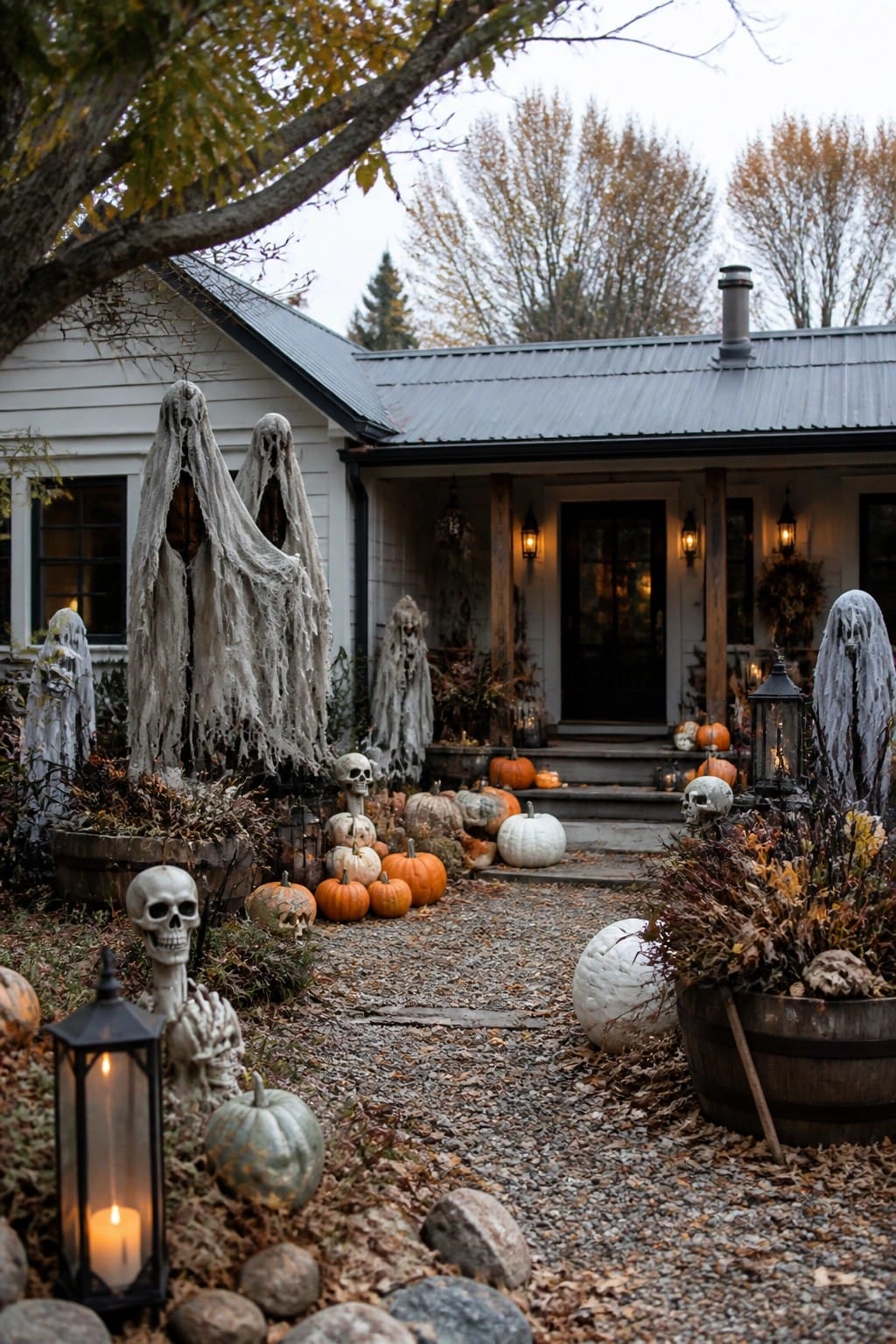Farmhouse front porch and gravel walkway lined with hanging white sheet ghosts, skeletons, and pumpkins.