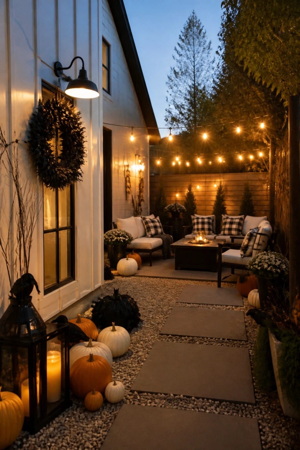 Gravel walkway lined with orange, white, and black pumpkins, black crows, and lanterns beside a white house at dusk.
