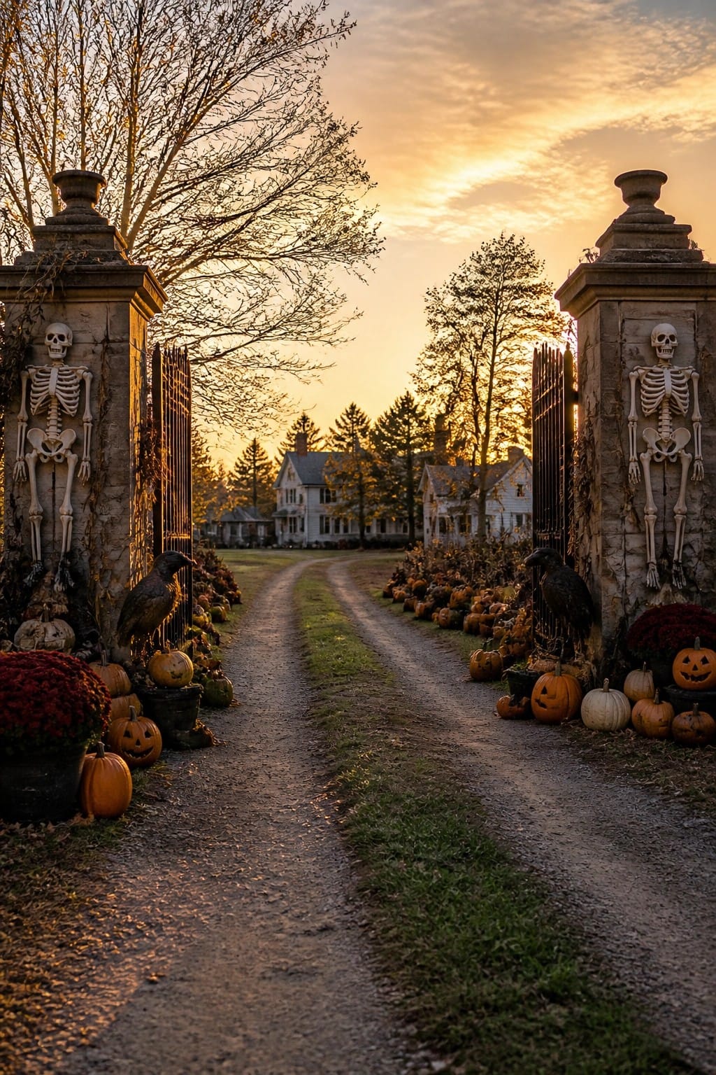 Skeletons on stone pillars with pumpkins, crows, and flowers along a sunset driveway