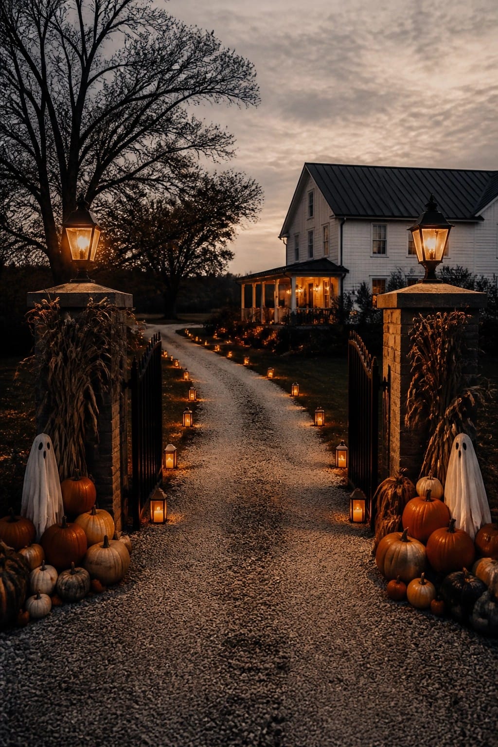 Stone gate pillars at the start of a gravel driveway decorated with white sheet ghosts, pumpkins, and lanterns.