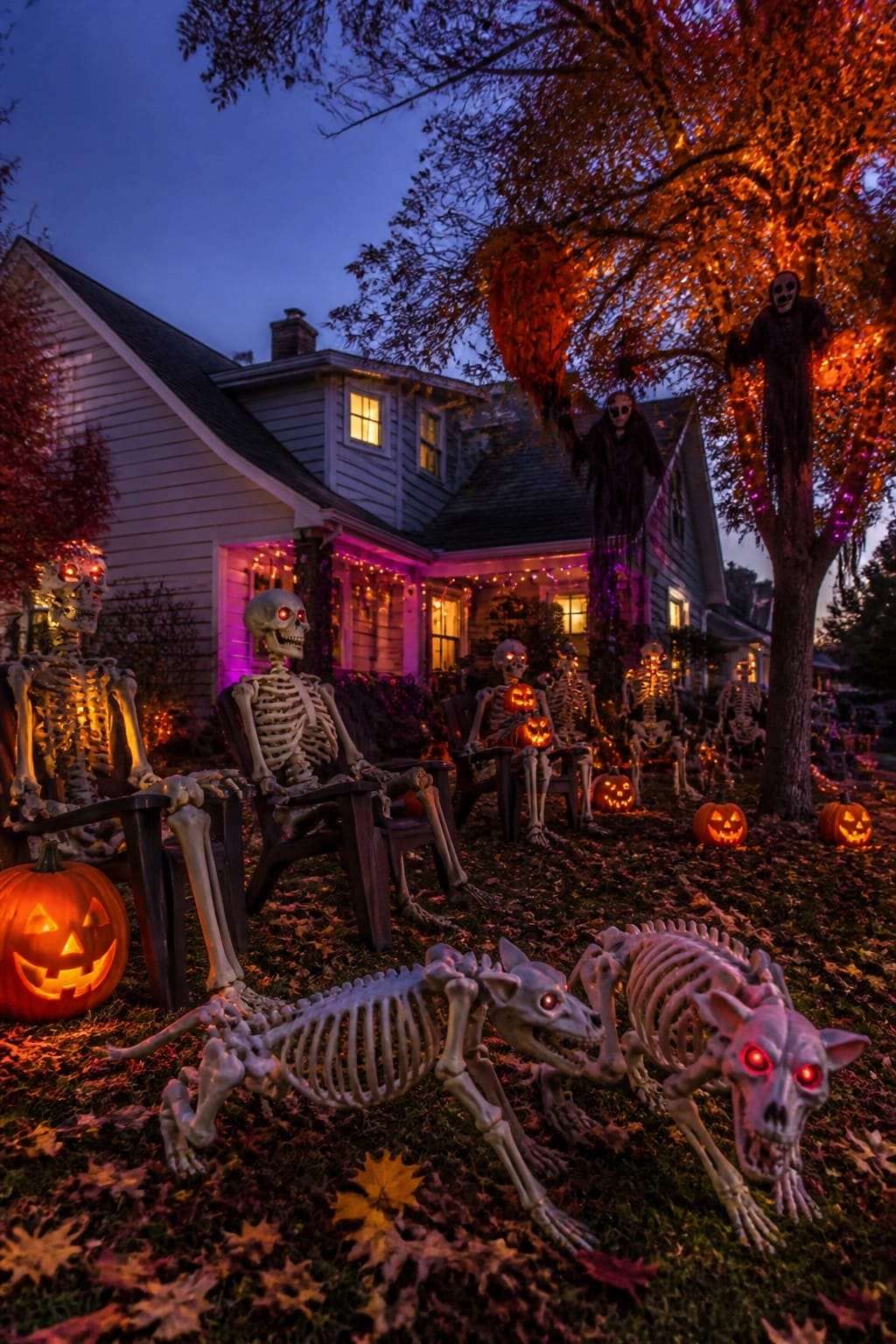Skeleton figures seated among pumpkins and glowing skeletal dogs in autumn yard at dusk