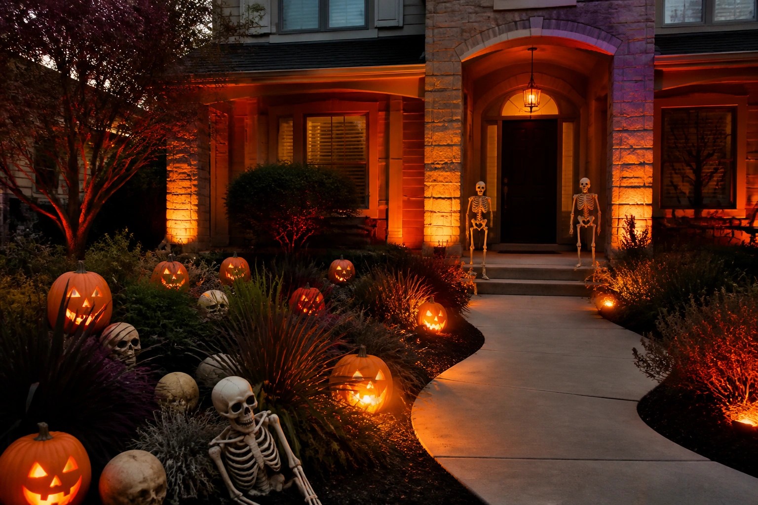 Dark house porch decorated with multiple standing skeletons, pumpkins, and lit lanterns lining the stone walkway and steps.