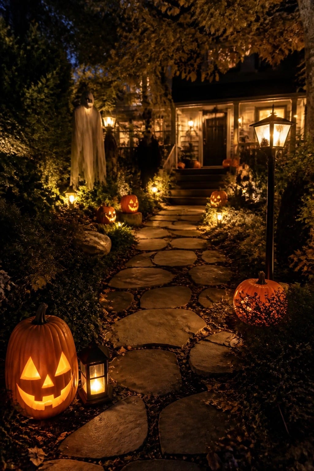 Glowing jack-o'-lanterns and lanterns line a stone path to a house with ghost decoration at night.